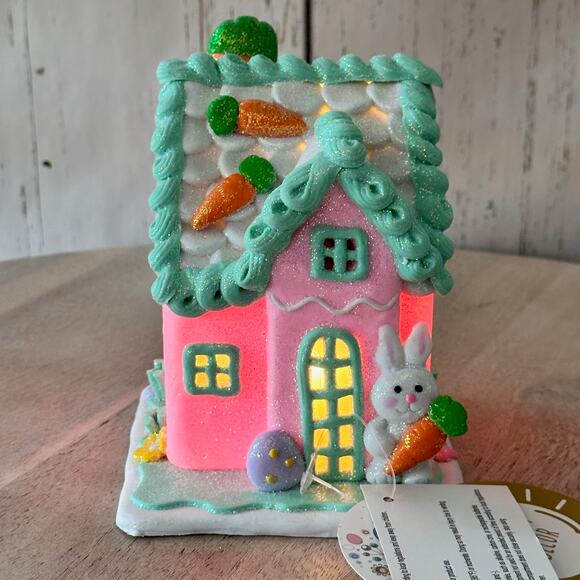 Easter Gingerbread House Tabletop Claydough LED light up Pink White Pastel New - Picture 1 of 11